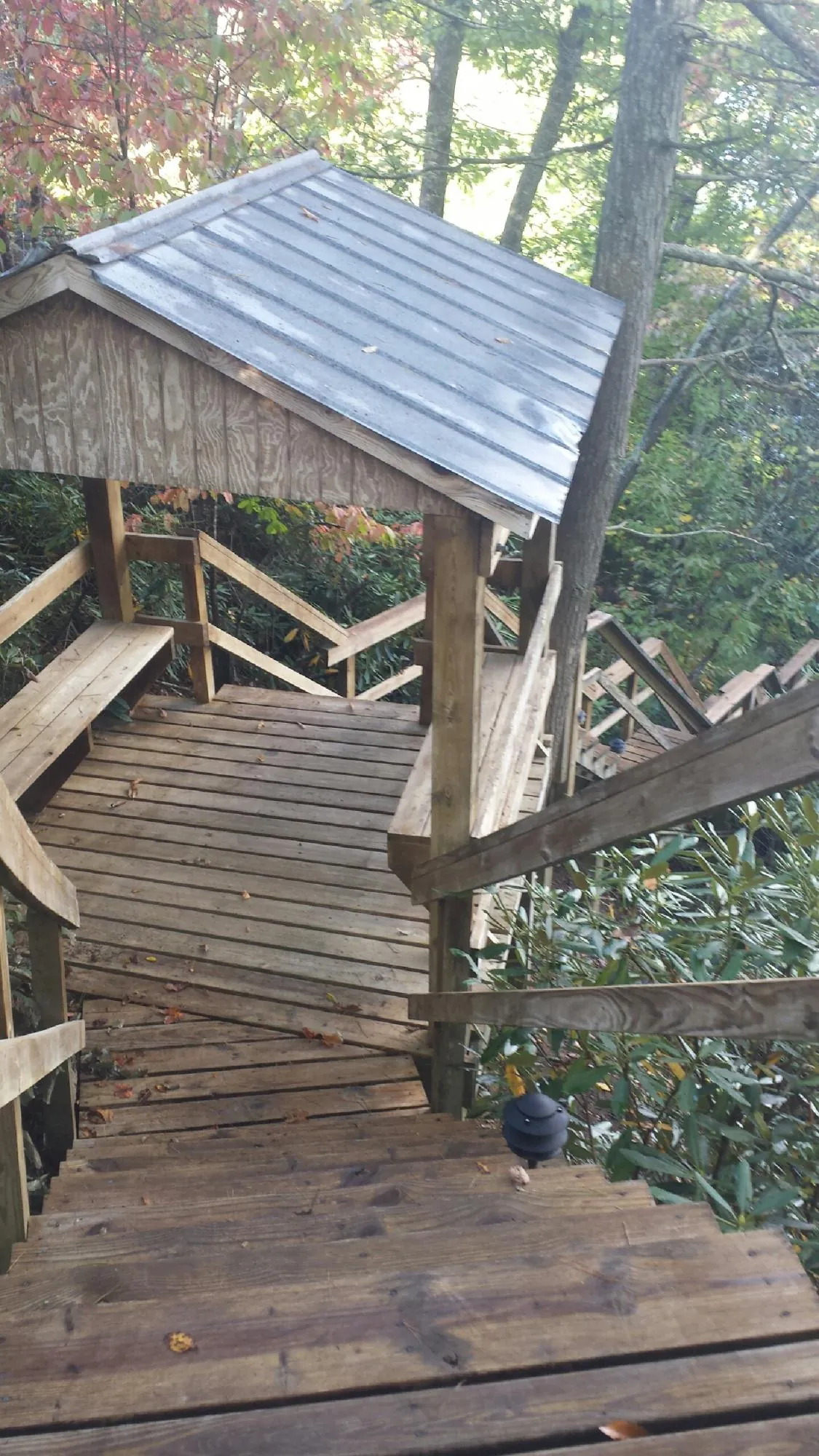 Metal roofed shelter over wooden steps on a wooded walkway — Skylight Repair & Installation work by our crew in Gladstone